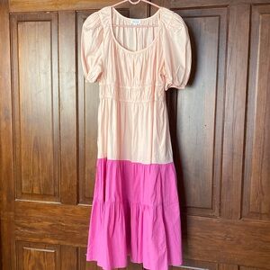 Nordstrom Color Block Puff Sleeve Tiered Cotton Dress in Blush + Fuchsia Size XL